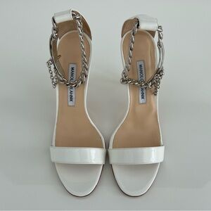 MANOLO BLAHNIK WHITE PATENT LEATHER CHAOS CHAIN SANDALS SIZE IT 37.5 / US 7.5